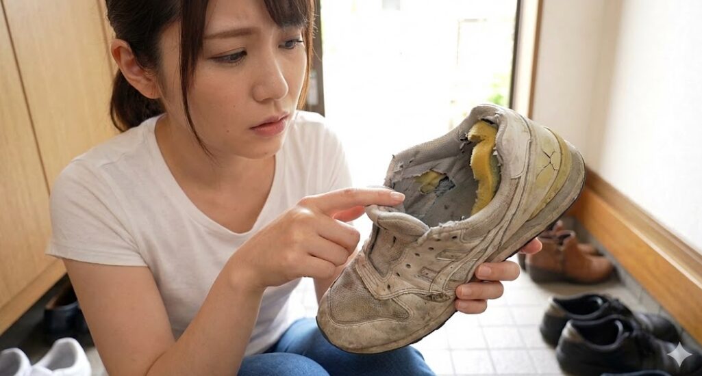 スニーカーのかかと内側（腰裏）の布が擦り切れ、中のスポンジと芯材がむき出しになった劣化状態