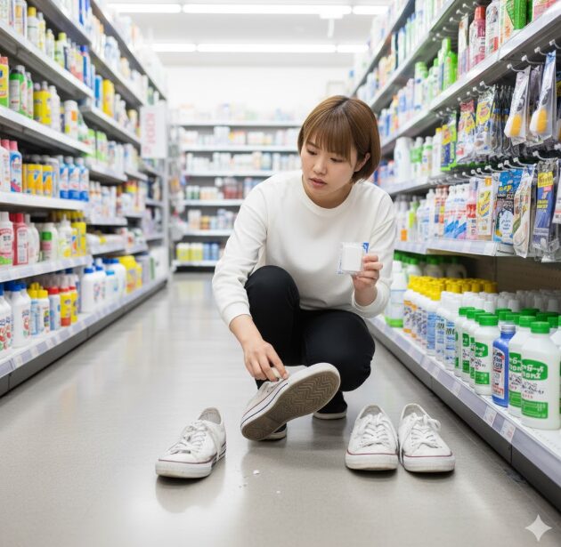 100円ショップのスニーカークリーナー売り場で、スニーカー用消しゴムを使って靴底の汚れを落とそうとしている日本人女性