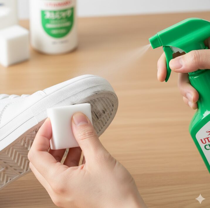 メラミンスポンジとウタマロスプレーを使用して、汚れたスニーカーの白いゴムソール部分をきれいにしている様子。