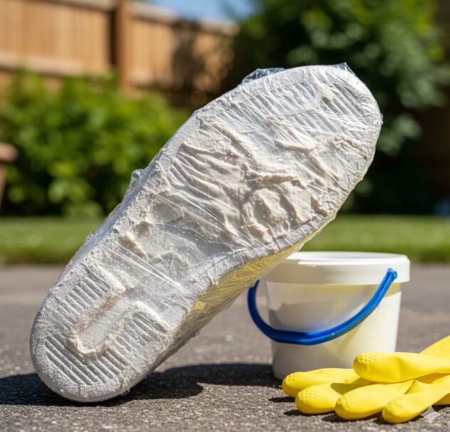 日当たりの良い屋外で、オキシウォッシュのペーストを塗布しラップで覆われたスニーカーのゴムソール。横にはバケツとゴム手袋が置かれている。
