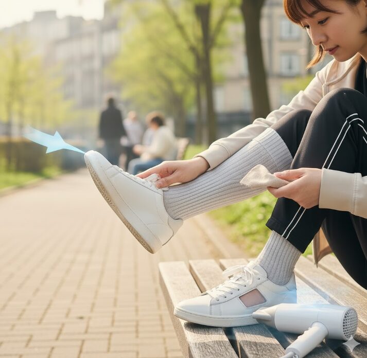 足の甲の痛い部分だけ靴紐を縦に通して圧迫を避けるギャップ・レーシング（紐飛ばし）の実演画像