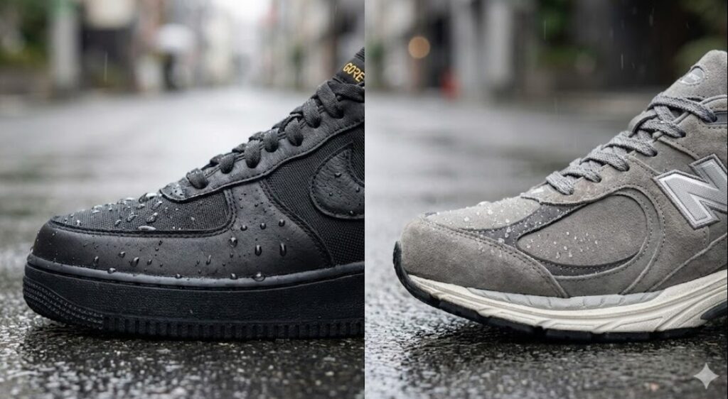 ナイキとニューバランスのゴアテックススニーカーの比較写真。左はタフなデザインのナイキ、右はスエード調でクラシックなニューバランス。両方の表面に水滴が弾いている。