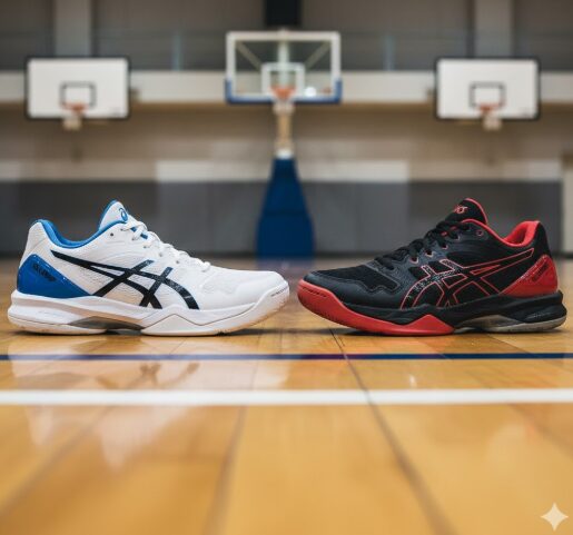 バスケコートの床に並べられた2足のバッシュ。左側は軽量で快適そうなゲルフープ、右側は頑丈で安定性の高そうなゲルバーストを象徴し、性能の違いを対比している。