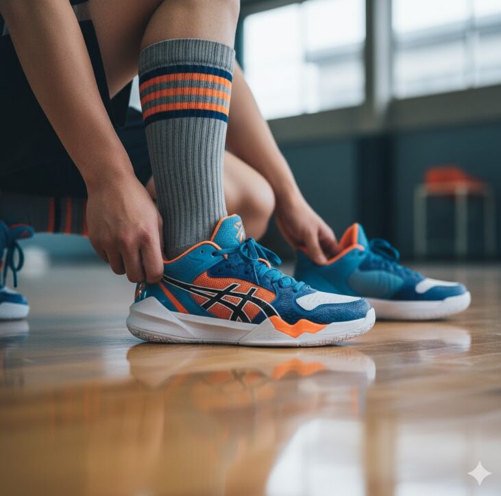 バッシュを履く際、踵を床に打ち付けてヒールカップに足を合わせている日本人選手の様子。正しいサイズ合わせの手順。