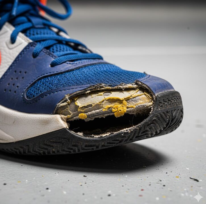 バッシュのつま先部分のソールが剥がれかけているクローズアップ写真。接着剤の劣化による破損の初期症状。