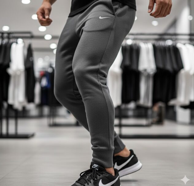 テックフリースパンツのタイトなテーパードが、筋肉質なふくらはぎにフィットしている様子