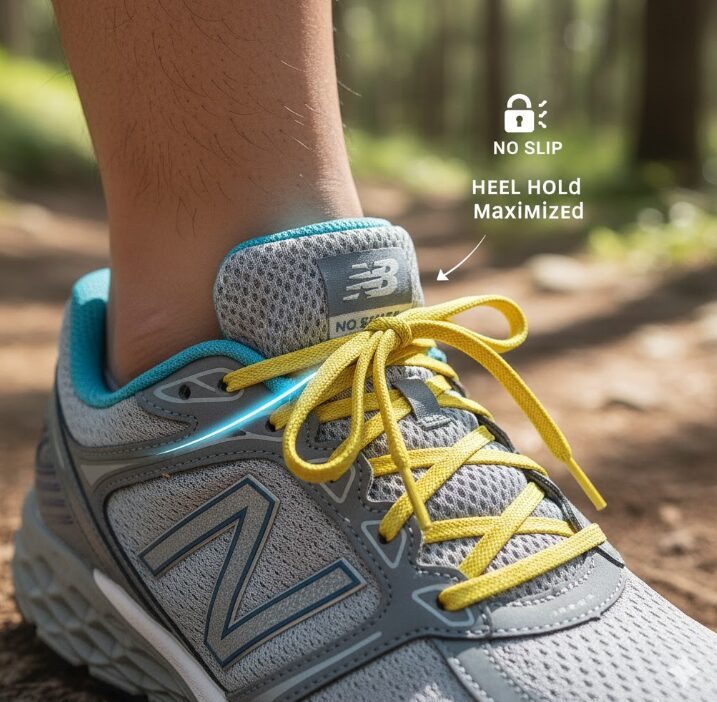 ランニングシューズのトップアイレットを使ってヒールロック結びをしているクローズアップ。足首がしっかりとホールドされている様子がわかる。