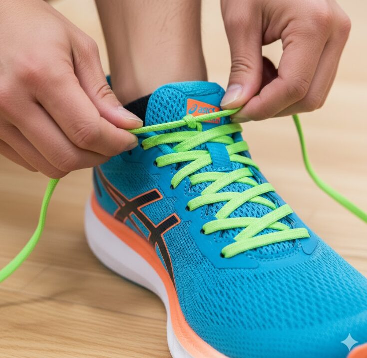 ヒールロック結びをするためにランニングシューズの靴紐を締めるランナーの手元