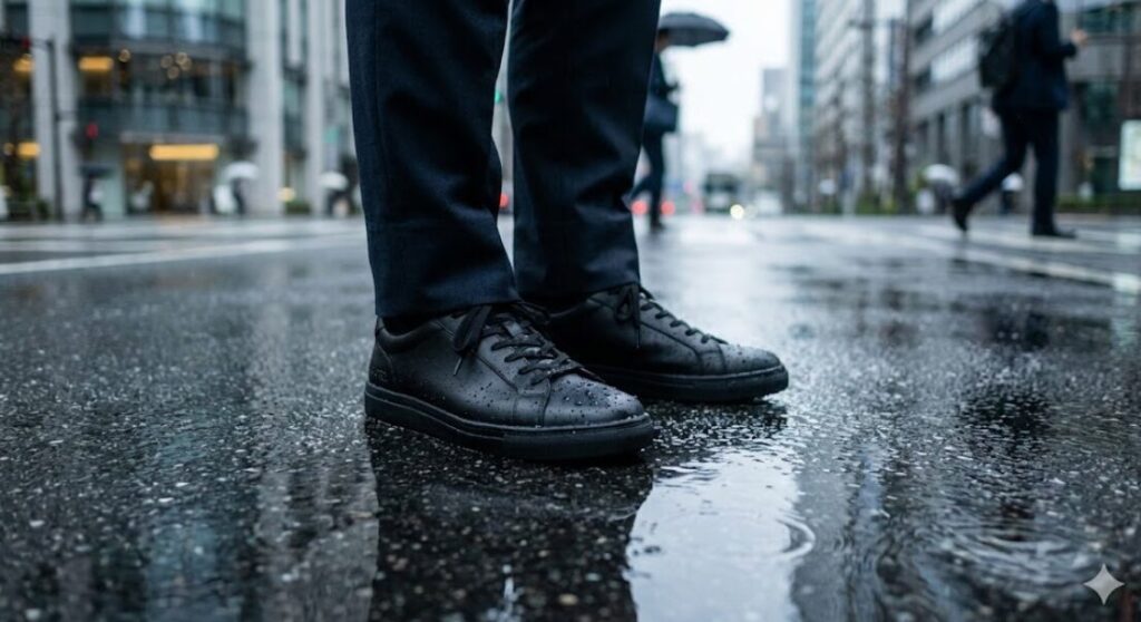 雨に濡れたオフィス街のアスファルトに立つ、スーツ姿の日本人男性の足元。履いているのは革靴に見えるオールブラックのゴアテックススニーカーで、雨を弾いている。