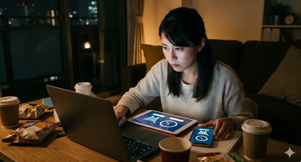 深夜、複数のデバイスを前に、ブラックフライデーなどの大型オンラインセール開始を真剣な表情で待っている日本人女性。