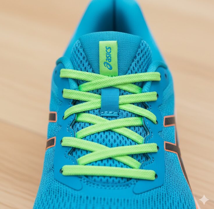 ランニングシューズのシューレースホルダーに靴紐を通し、ベロタンを固定している様子