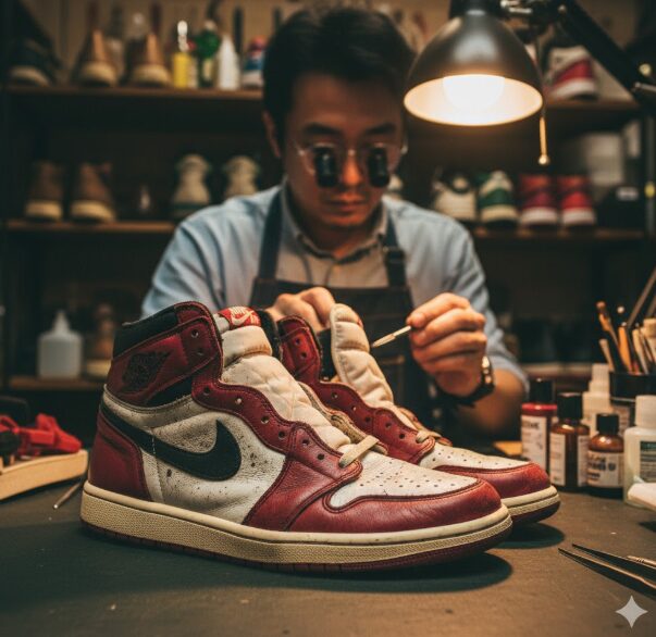 スニーカースタジオで、拡大鏡を装着した職人が使い古されたスニーカーを丁寧に修理・修復している様子。