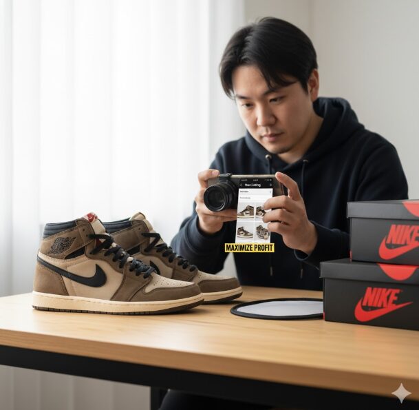 自宅の机でデジタルカメラを使ってスニーカーを撮影し、フリマアプリに出品しようとしている日本人男性。隣にはスニーカーの箱が積まれている。