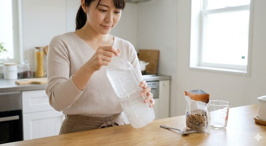 ペットボトルに入れた水と焼きミョウバンが白く濁りながら溶解していくミョウバン水原液の作成過程