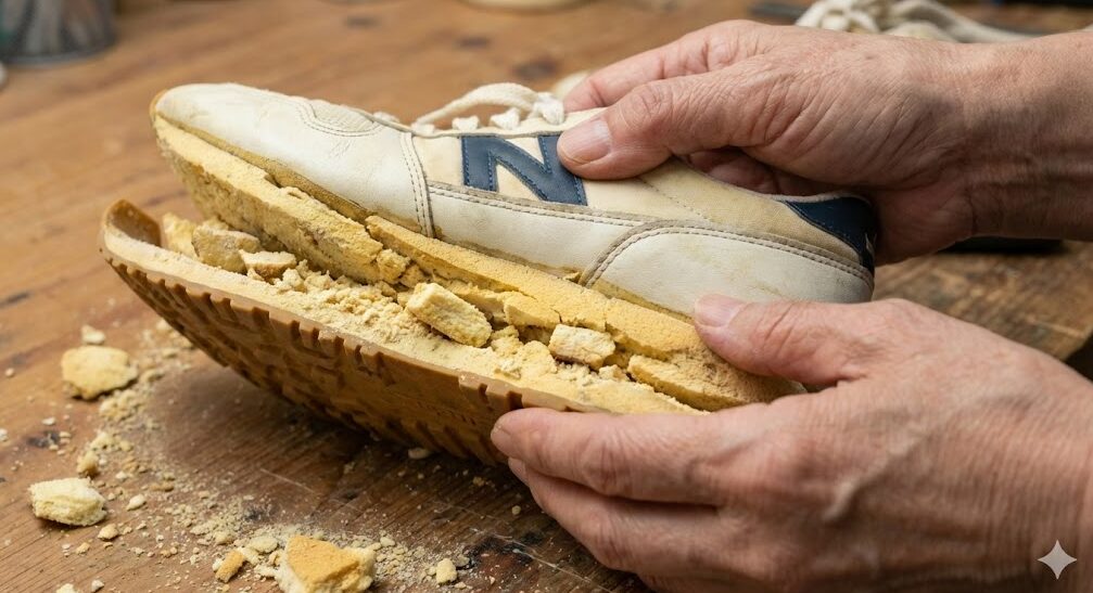 加水分解によってボロボロに崩壊したスニーカーのポリウレタン製ミッドソール。