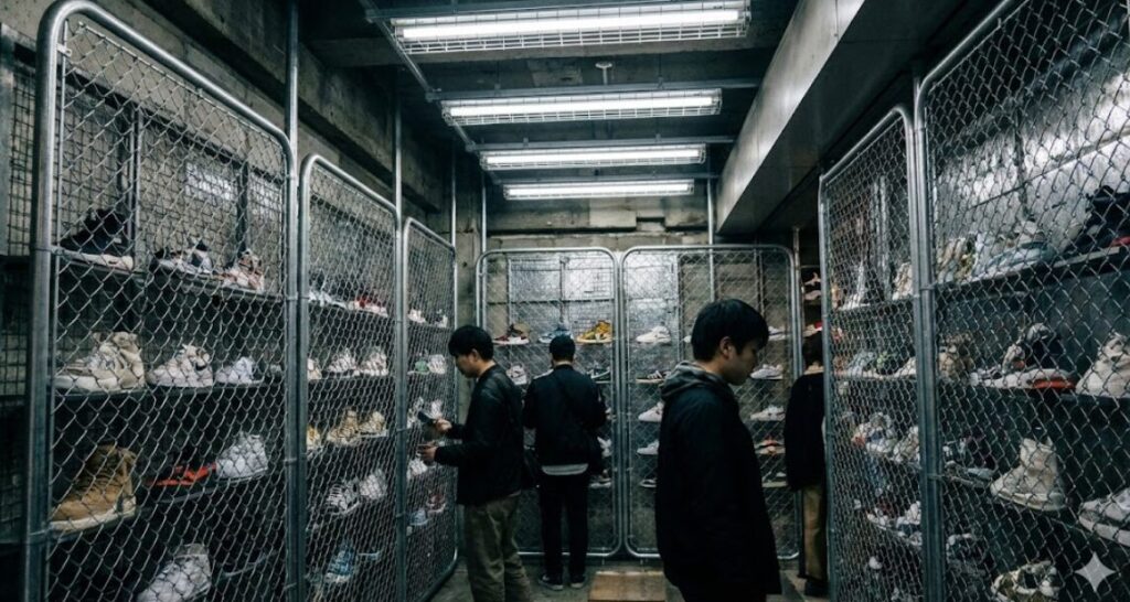 野アメ横のmita sneakersのような、無骨でインダストリアルな雰囲気のスニーカーショップ。金網フェンス越しにスニーカーがディスプレイされ、男性客が熱心に商品を選んでいる。