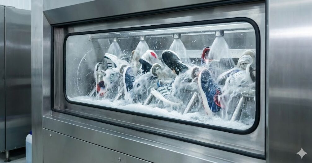 クリーニング工場で稼働する業務用のスニーカー専用洗浄機。窓から複数の靴が強力な水流で洗われている様子が見える