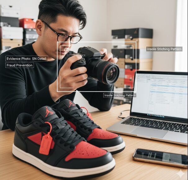 自宅のデスクで、一眼レフカメラを使ってスニーカーの詳細（シリアルナンバーやインソールの縫製パターン）を撮影し、詐欺対策を行う日本人男性。隣にはノートPCとスマートフォンがある。