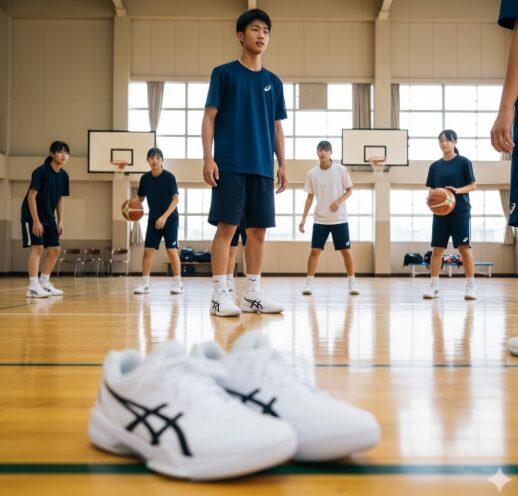 バスケ部の練習風景。軽量なゲルフープを履いた日本人の中学生たちが、体育館で楽しそうに、かつ快適そうに練習に打ち込んでいる。