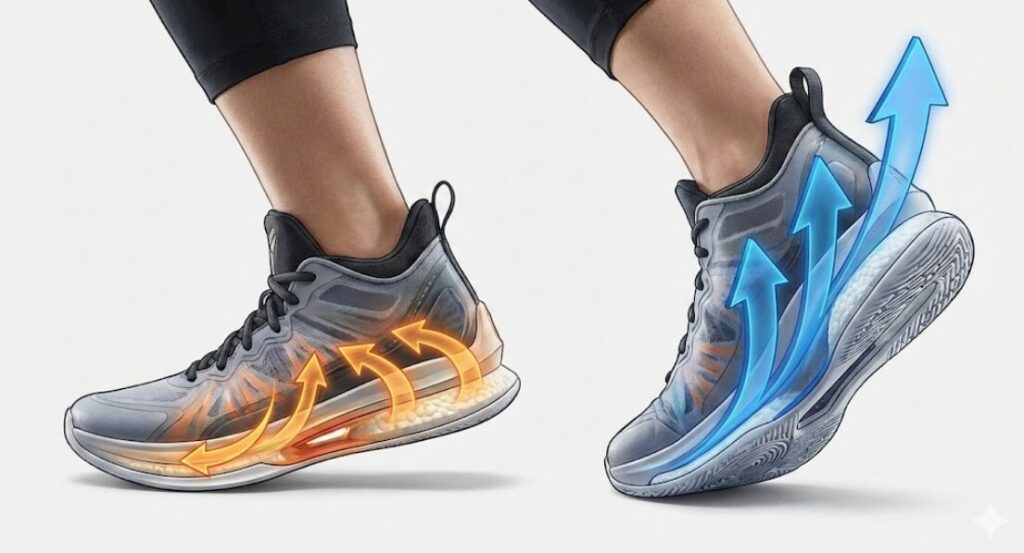 バスケットボールシューズのミッドソールが、着地時の衝撃をエネルギーとして蓄え（オレンジ色の矢印）、蹴り出し時に反発力として解放する（青色の矢印）様子を示した断面図解。