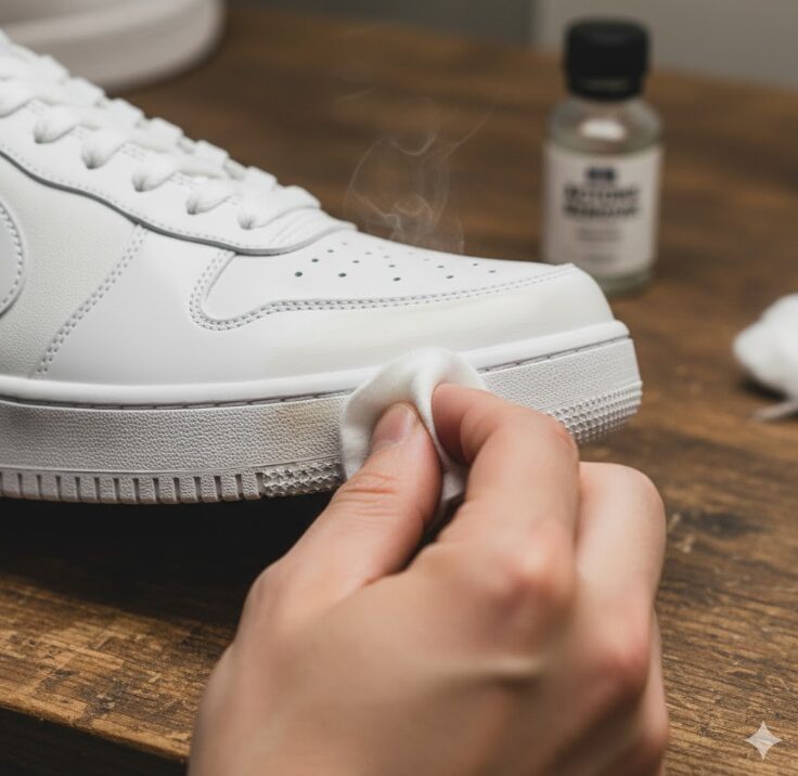 スニーカーのソール塗装前に除光液やアルコールを使って油分を除去する脱脂作業の様子