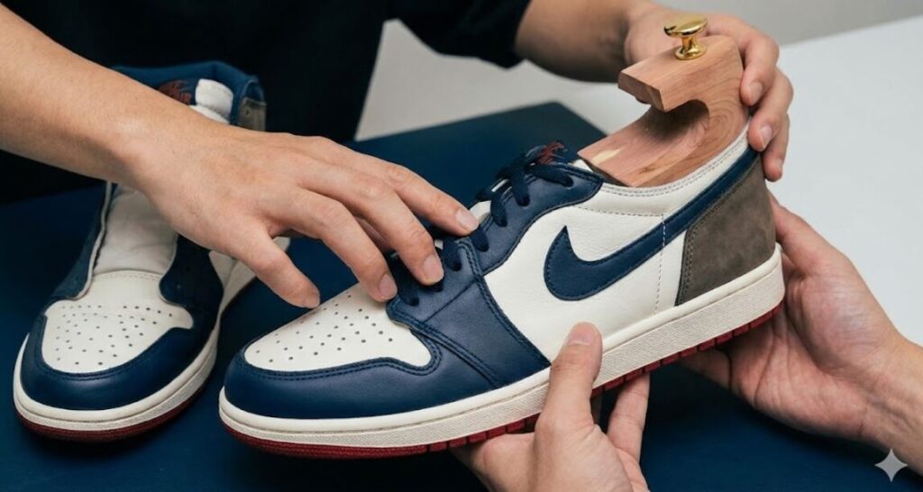 木製のシューキーパーが装着され、美しいフォルムとシワのないアッパーが保たれているレザースニーカーと、未装着で少し型崩れしたスニーカーの比較写真。日本人の手がシューキーパー入りのスニーカーを持っている。