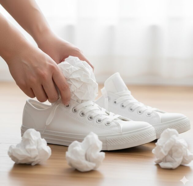 洗い終わったキャンバススニーカーの型崩れを防ぐため、内側に白いキッチンペーパーを詰め込んでいる日本人の手元。