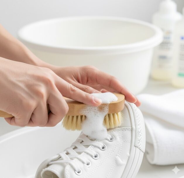 中性洗剤を泡立てた柔らかいブラシで、キャンバススニーカーのアッパー部分を優しく丁寧に洗っている日本人の手元。