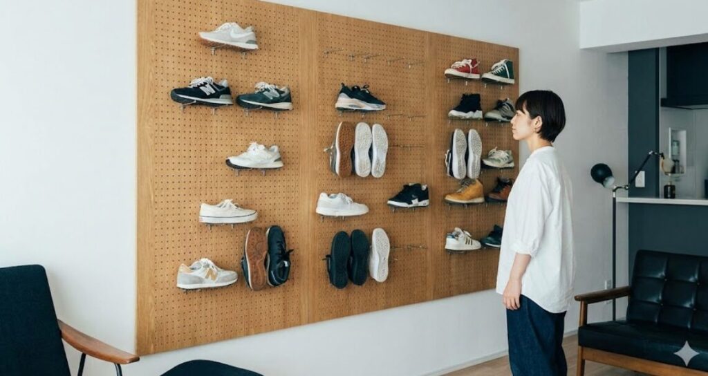 リビングルームの壁面に設置された大きな木製有孔ボードに、フックを使ってスニーカーがアートのようにディスプレイされている様子。アウトソールを見せるなど多様な飾り方がされている。