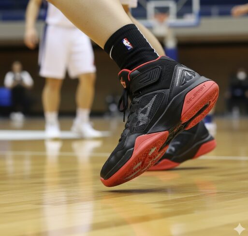 鋭いサイドステップを踏む選手の足元。ゲルバーストが足首とかかとを強力にホールドし、ハイスピードな動きでもブレない高い安定性を発揮しているクローズアップ。