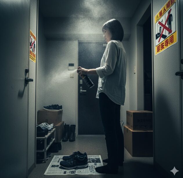 換気の悪い玄関で防水スプレーを使用している日本人女性。周囲には「危険 人体無影響 即座着用」の警告表示。