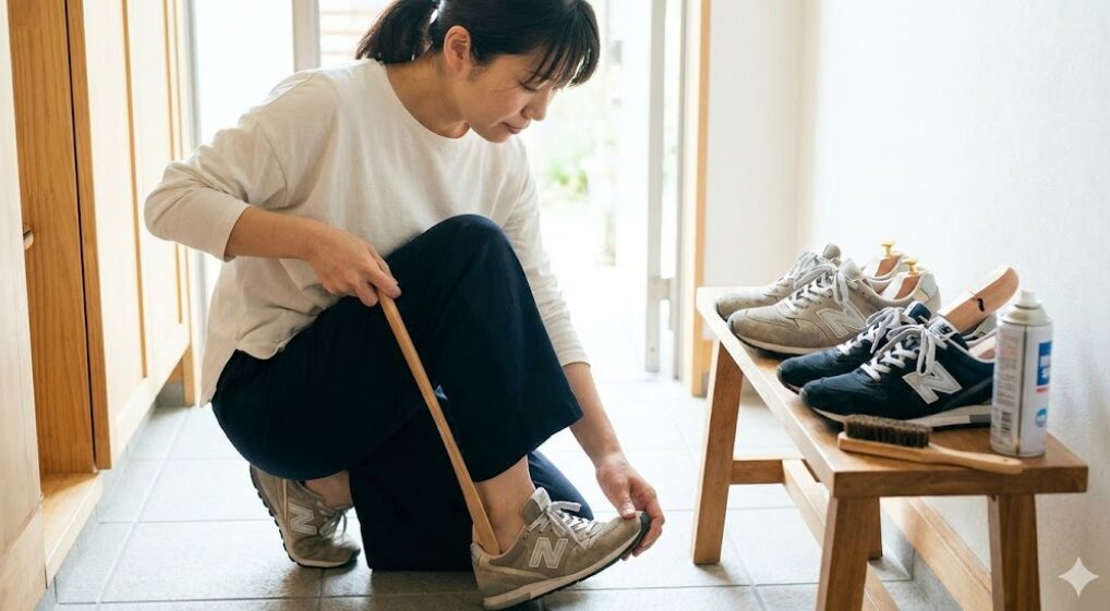 スニーカーの型崩れを防ぐために木製のシューキーパーを入れ、手入れが行き届いた状態の靴