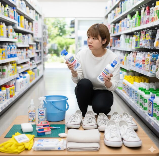 100円ショップの通路で、スニーカーケア用品（洗剤、ブラシ、バケツ、手袋、スニーカー数足）が並べられたテーブルの前に座り、洗剤を見比べながら思案する日本人女性。