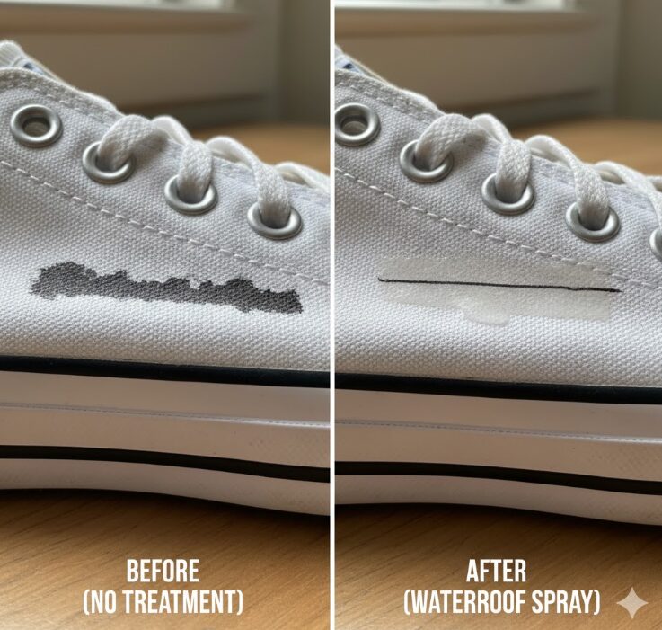 キャンバス生地のスニーカーに油性ペンで描いた際のインクのにじみと、対策後のきれいなラインの比較