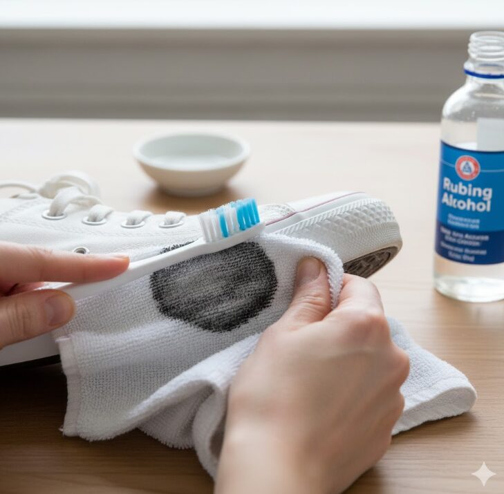 布製スニーカーについた油性ペン汚れを歯ブラシとあて布を使って叩き出す正しい染み抜き手順