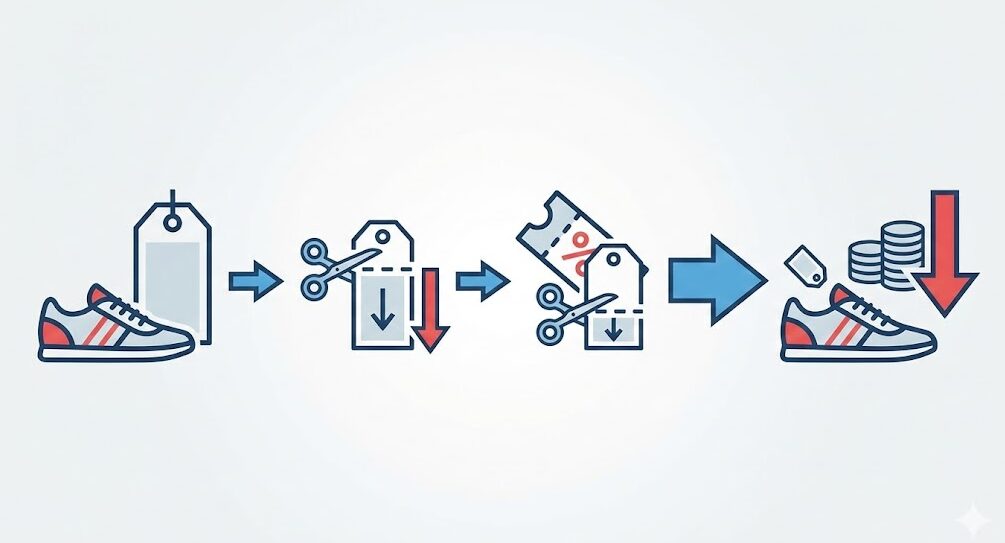 ナイキのセールにおける「割引の二重適用」の仕組みを解説するフローチャート図。セール価格からさらに追加クーポンが適用され、最終的な実質価格が大幅に下がる過程が視覚的に示されている。