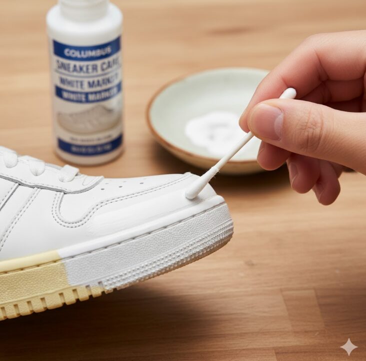 スニーカーソールの黄ばみを隠すために白の顔料インクを綿棒で叩くように塗る補修テクニック