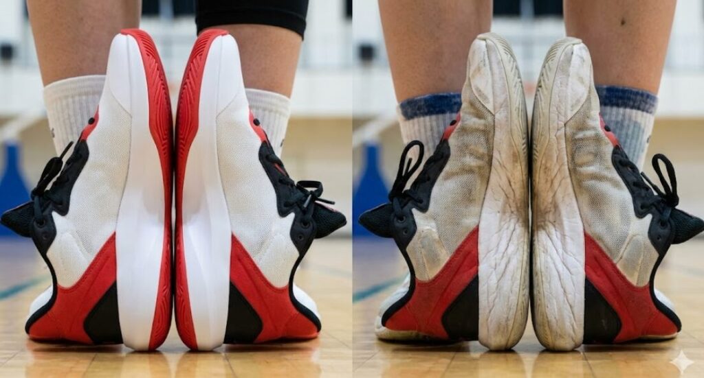 同じモデルのバスケットボールシューズのミッドソール側面の比較写真。左側は新品で表面が滑らかだが、右側は長期間の使用により深い横シワが多数刻まれ、クッション材が劣化・圧縮されている状態をはっきりと示している。