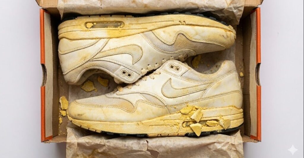 長期間箱に入れたまま保管されたヴィンテージスニーカー（ナイキ エアマックス）の写真。ポリウレタン製のミッドソールが加水分解により粉々に崩れ、アッパー全体が著しく黄ばんでいる劣化の様子。