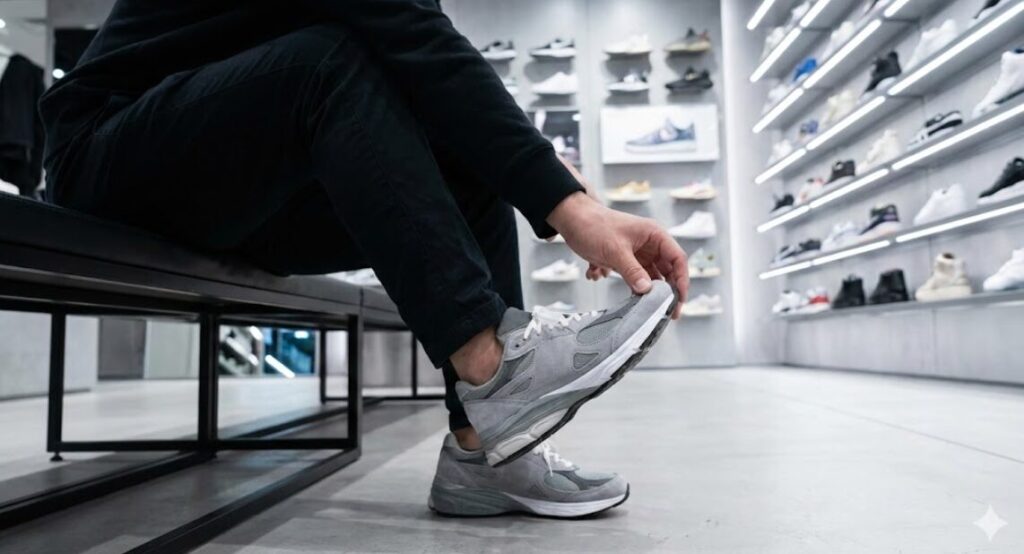 新宿の近代的な大型スニーカー店で、男性がベンチに座り、新しいスニーカーを試着している足元のクローズアップ写真。サイズ感やフィット念入りに確認している様子。