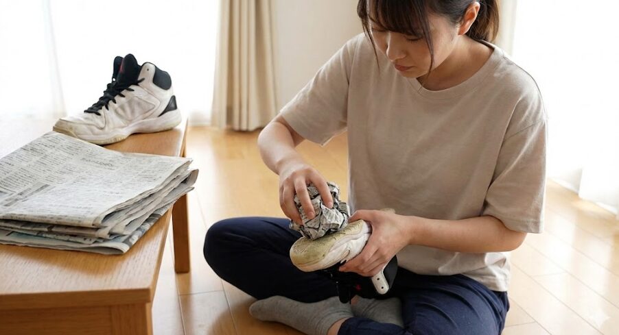 濡れたバッシュの型崩れを防ぎ、内部の水分を吸い取るために、丸めた新聞紙をつま先部分にしっかりと詰め込んでいる作業の様子。