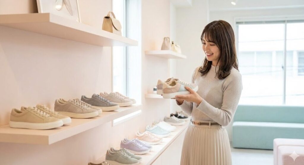 明るく清潔感のある女性向けスニーカーショップ。パステルカラーのスニーカーが並ぶ棚の前で、きれいめな服装の女性がスニーカーを手に取り、微笑みながら選んでいる。