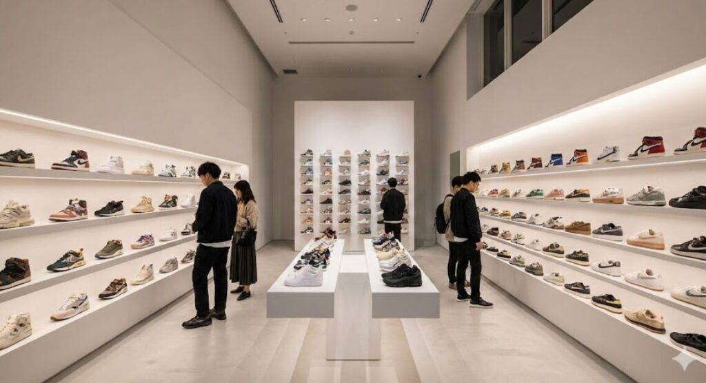 東京・原宿エリアの高級スニーカーショップの店内。美術館のように洗練された空間に、レアなスニーカーがアートのようにディスプレイされており、数人の客が商品を鑑賞している。