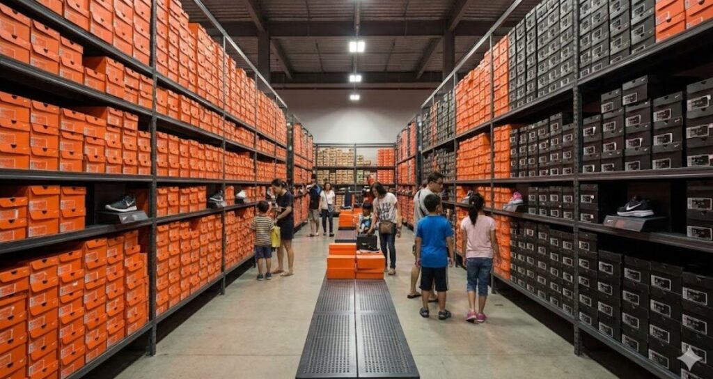 広大な倉庫型アウトレットスニーカーショップ。天井まで届く棚にオレンジ色の靴箱が山積みされた通路で、家族連れなどがアウトレット品を探して買い物を楽しんでいる。