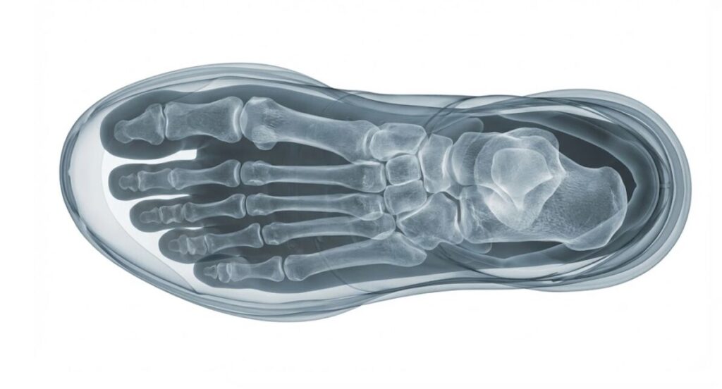 バッシュを真上から透過して見た図。足のつま先と靴の先端の間に適切な「捨て寸」（約5〜10mmの空間）が確保され、踵がしっかりホールドされている理想的なフィット状態を示している。