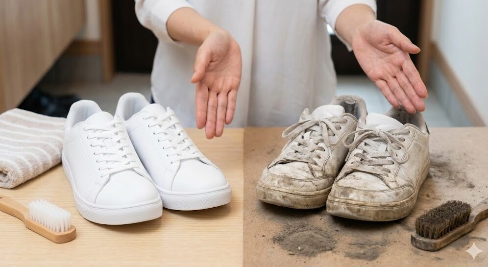 毎日履いた場合と週末のみ履いた場合のスニーカーの劣化状態を比較したコンセプト画像。