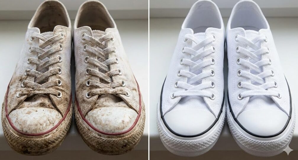 白いキャンバススニーカーのクリーニング前後比較写真。左側は泥でひどく汚れており、右側はクリーニングによって真っ白にきれいに仕上がっている。