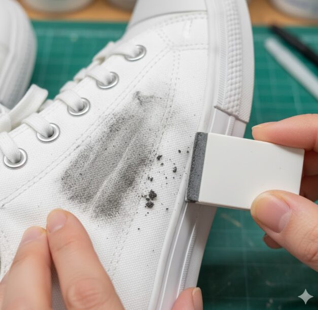 白いキャンバススニーカーの布地に消しゴムタイプのクリーナーを使用し、汚れが広がり黒いカスが散らばっている様子をクローズアップ。