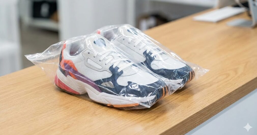 クリーニングが完了し、透明なビニール袋で一足ずつ丁寧に個包装され、カウンターの上に置かれた清潔なスニーカー。
