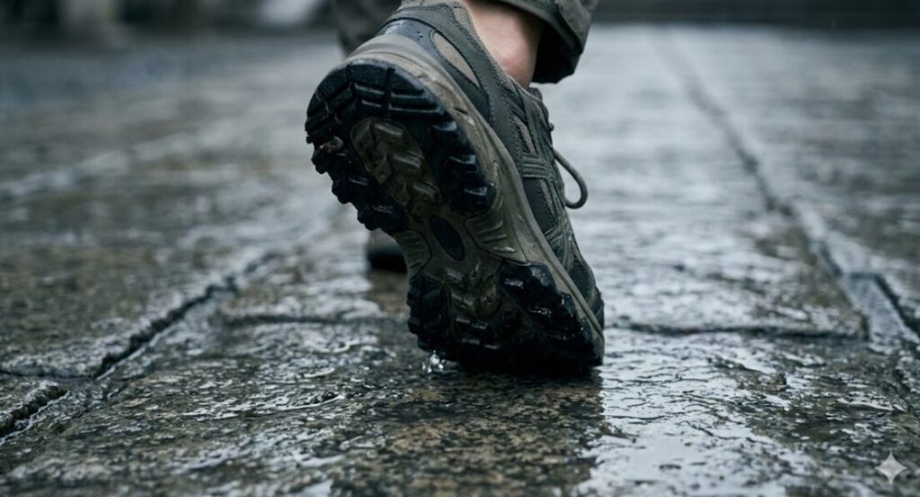 ゴアテックスサラウンド機能を搭載したスニーカーの側面クローズアップ。ソール側面に設けられた、足裏の湿気を逃がすための特殊な通気口がはっきりと見える。